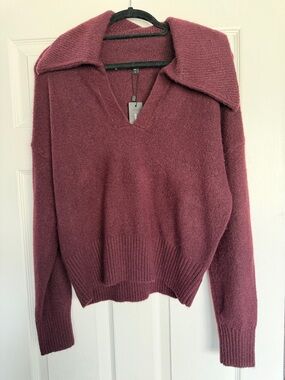 Express Women's V-Neck Collared Sweater - Wine Red